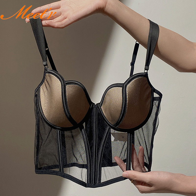 Sexy Women Push Up Bra Transparent Lace Shaper Bra French Beauty Fishbone Corset Back Underwear for Female