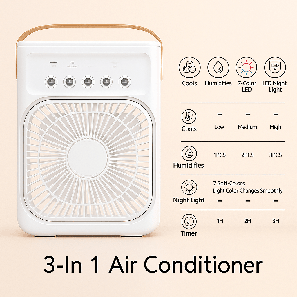 3-in-1 Portable Air Cooler with LED Night Light and Humidifier – Compact Cooling Solution for Home and Office