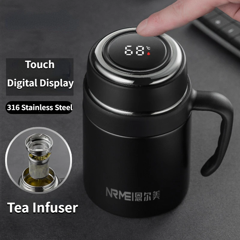 Premium Stainless Steel Digital Display Thermos Cup with Tea Infuser, Portable Vacuum Flask Handgrip Mug