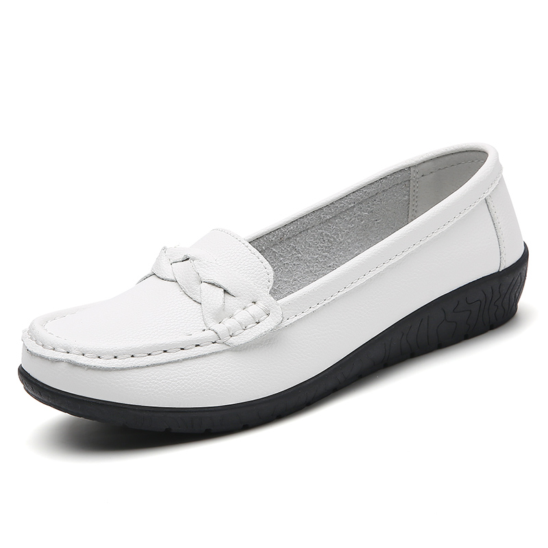 Women Leather Moccasins Shoes, Round Toe Flats, Slip On Black Casual Shoes