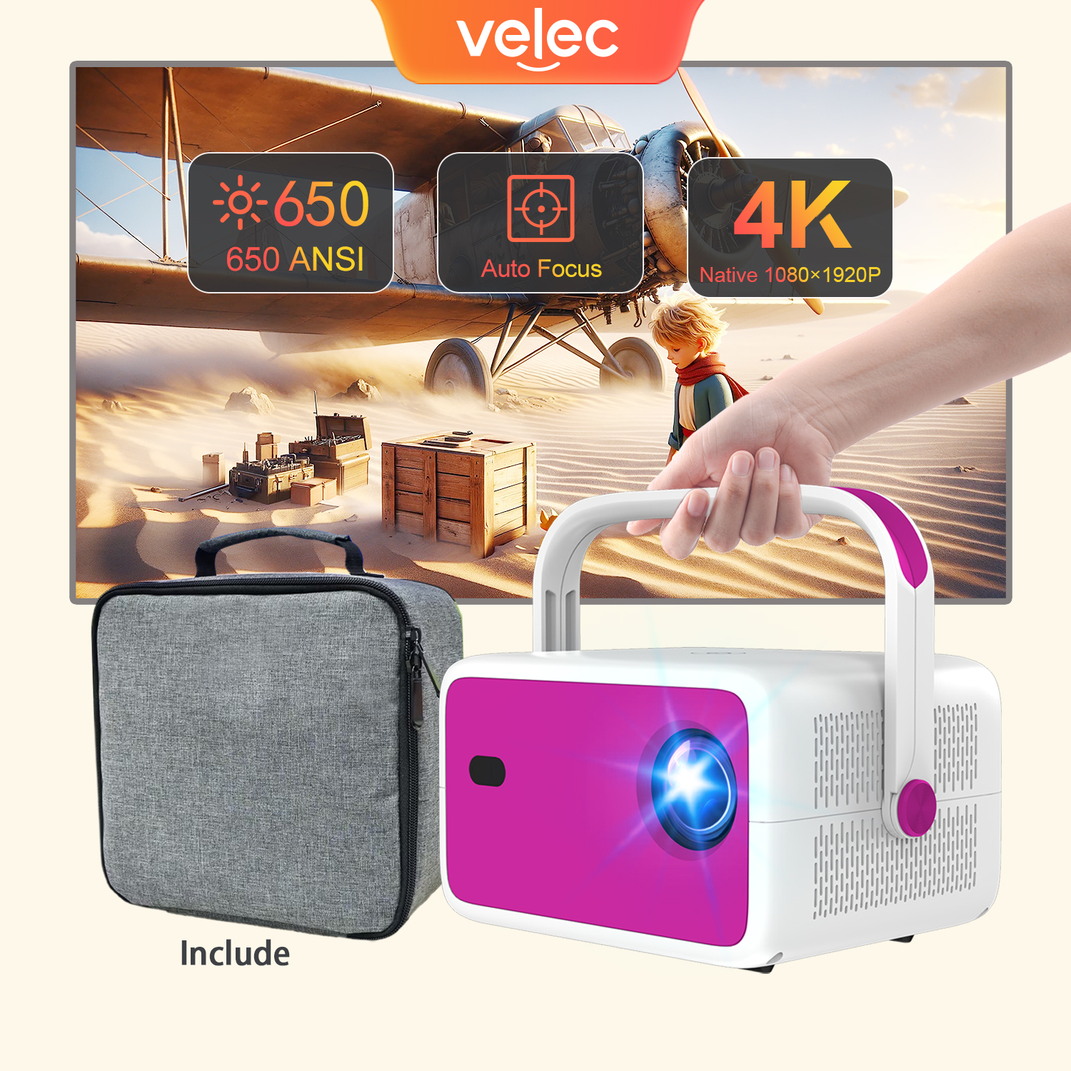 Velec AOSP Portable Projector ANSI Android Full HD LCD Auto Keystone Correction Outdoor & Home Theater Projector