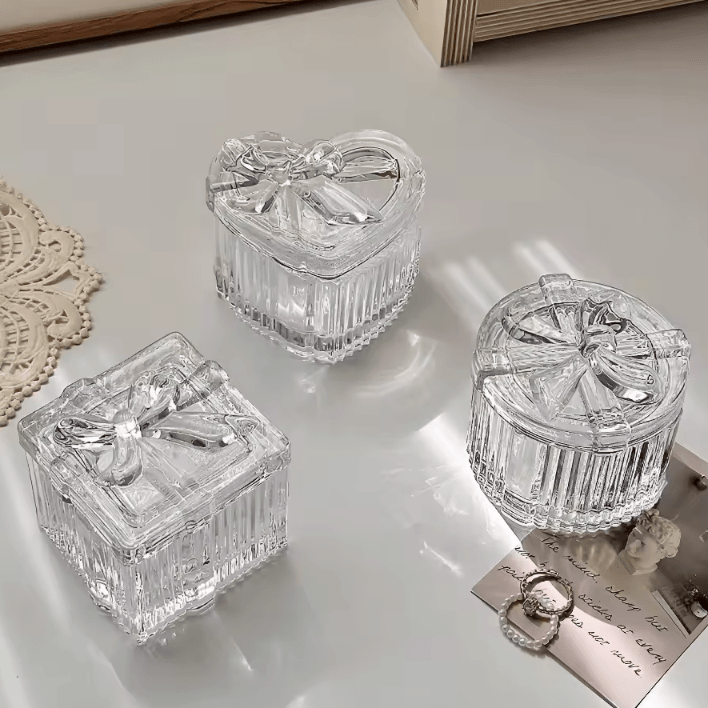 Bowknot Crystal Glass Jewelry Storage Box - Transparent Exquisite Organizer with Lid, Multifunctional Home Decor for Dr