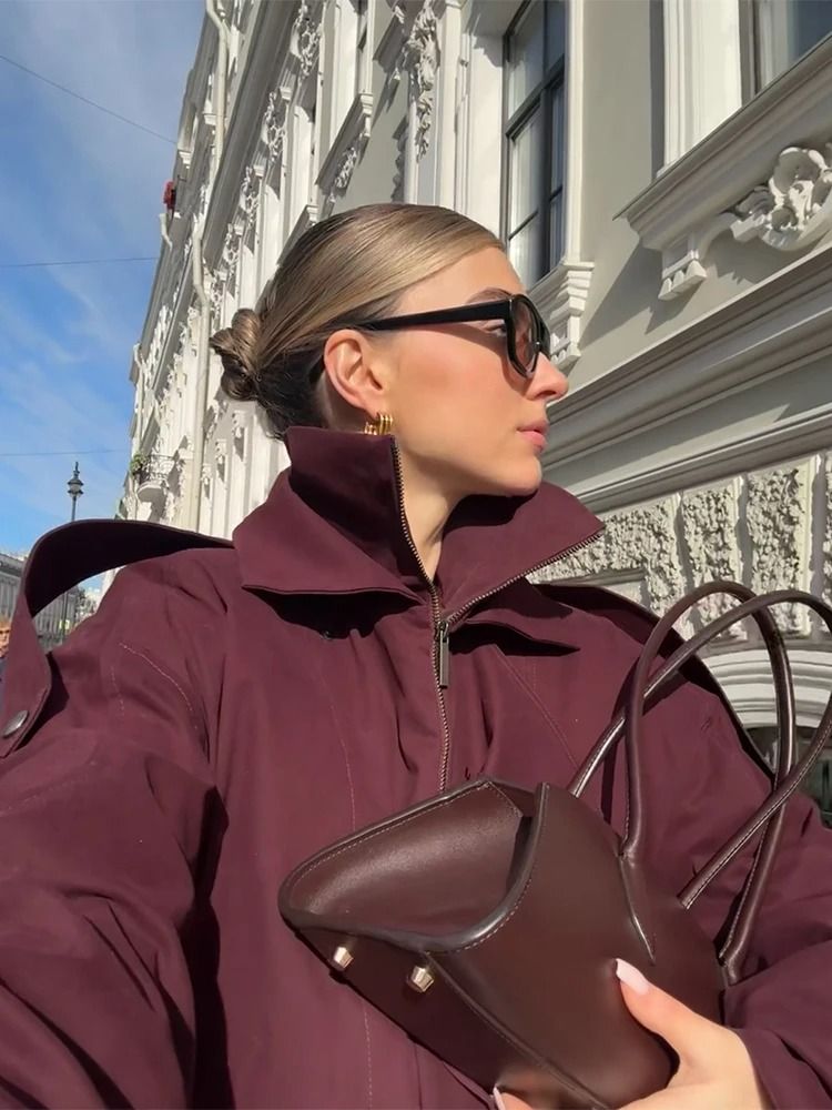 Womens Burgundy Bomber Jacket with Zipper and Stand Collar