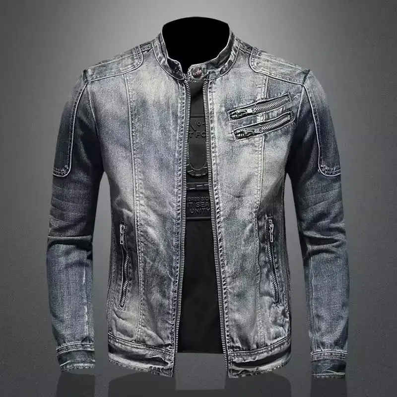 Men's Vintage Motorcycle Denim Jacket, Trendy Stand Collar Zip Up Lapel, Casual Retro Sports Top, Unique Brand Jacket