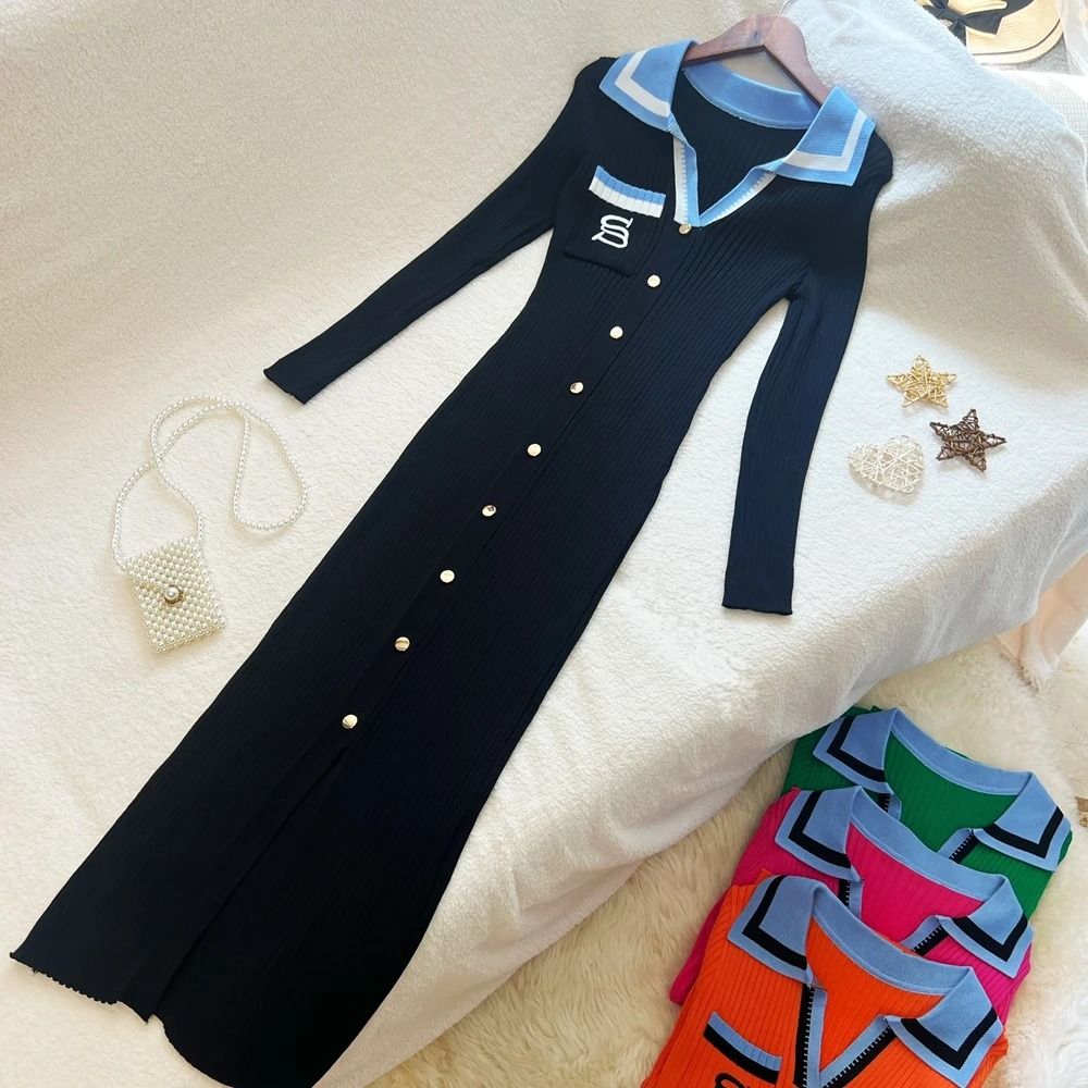 YuooMuoo Women Autumn Winter Y2K Embroidery Slim Elastic Long Sweater Dress Elegant Office Vestido