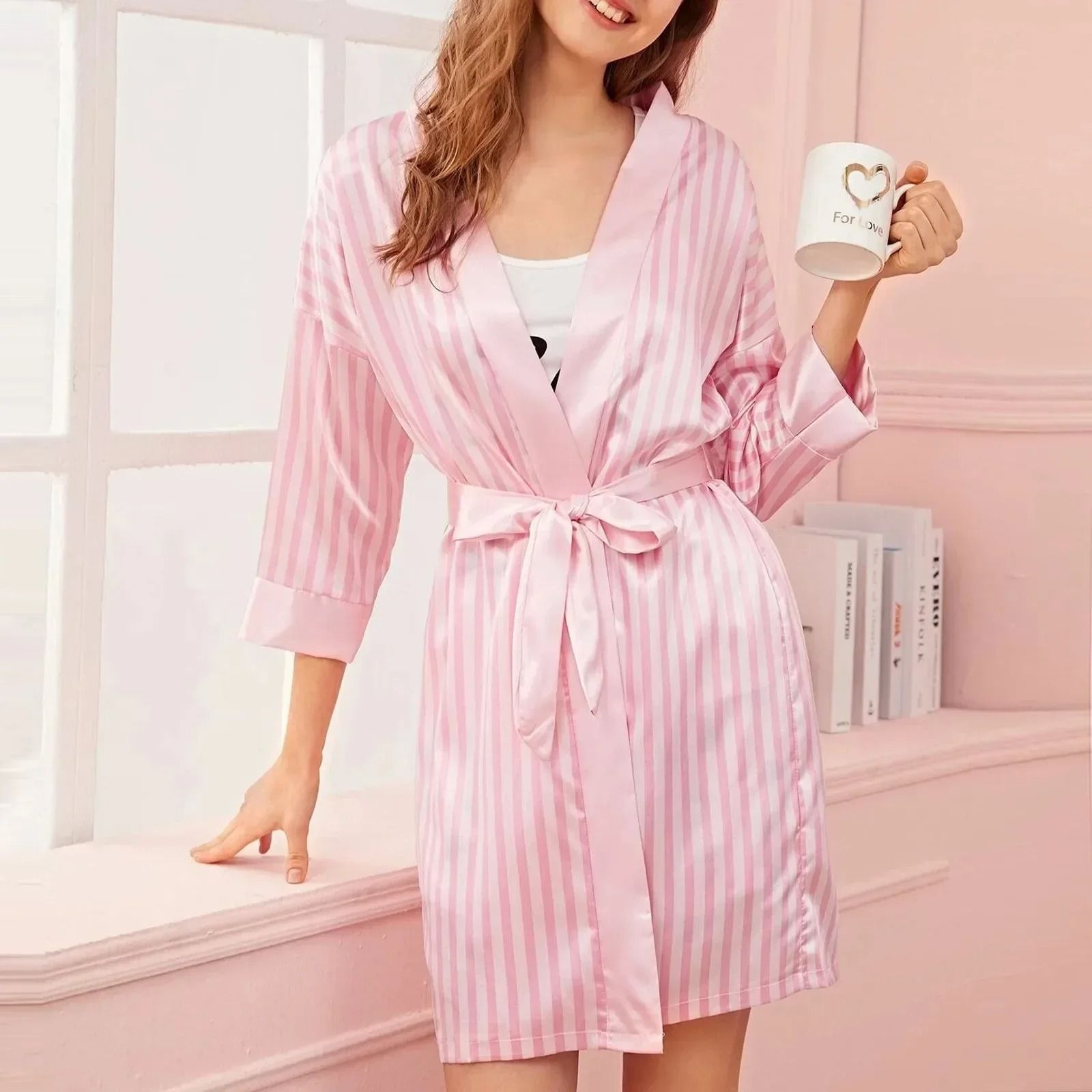 Striped Satin Silk Sleepwear Set – Professional Long-Sleeve Nightdress & Lingerie Robe for Women