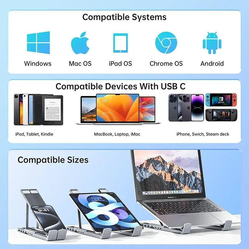 Universal Laptop Stand with Integrated USB-C Hub | HDMI 4K, SD/TF Reader & PD Charging