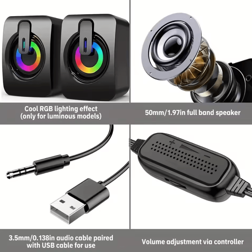 HIFI PC Stereo Speakers – USB Wired Computer Sound System with LED Light and Built-In Microphone