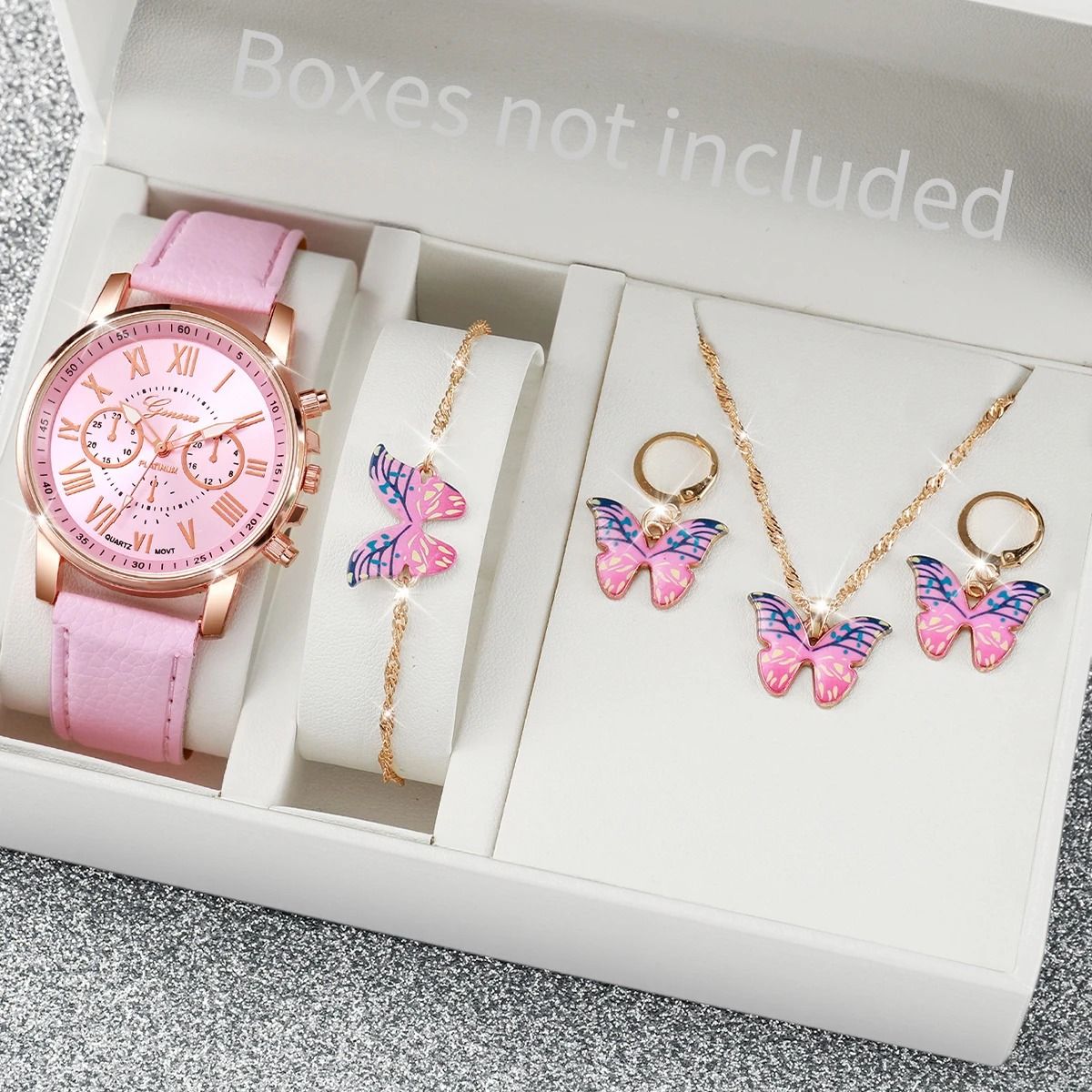 Women Luxury Watch and Jewelry Set Roma Dial Leather Band Quartz