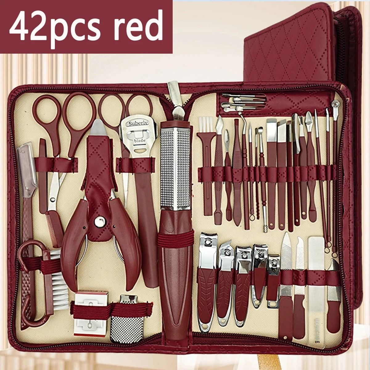 Stainless Steel Manicure & Grooming Kit – 10/42 Piece Set in Premium Zippered Leather Case