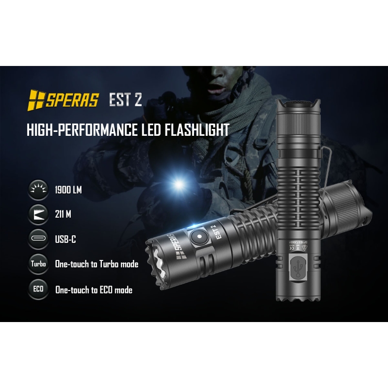 SPERAS EST2 SST LED Rechargeable Flashlight  Type C, , Ultra Powerful Torch for Camping, EDC Use