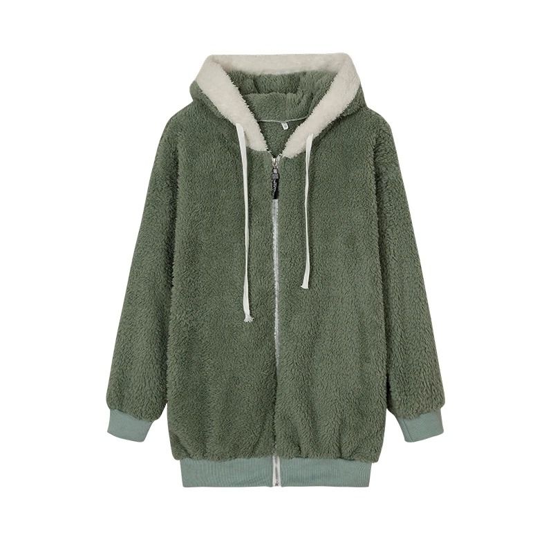 Cozy Womens Plush Hooded Jacket Loose Zip Up Winter Fleece Coat