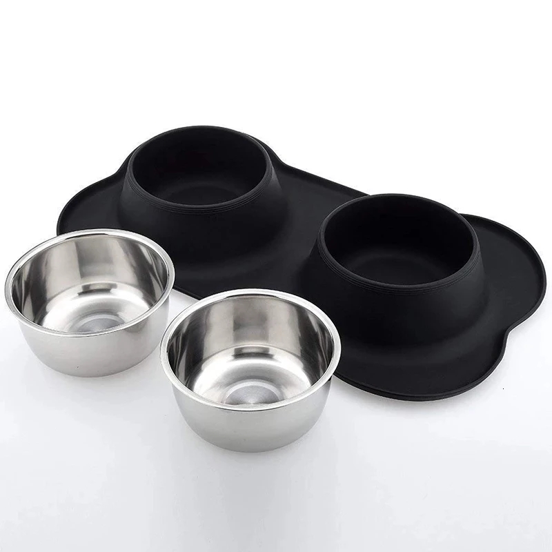 Double Dog Bowl Stainless Steel Pet Feeding Station with Non Slip Silicone Mat