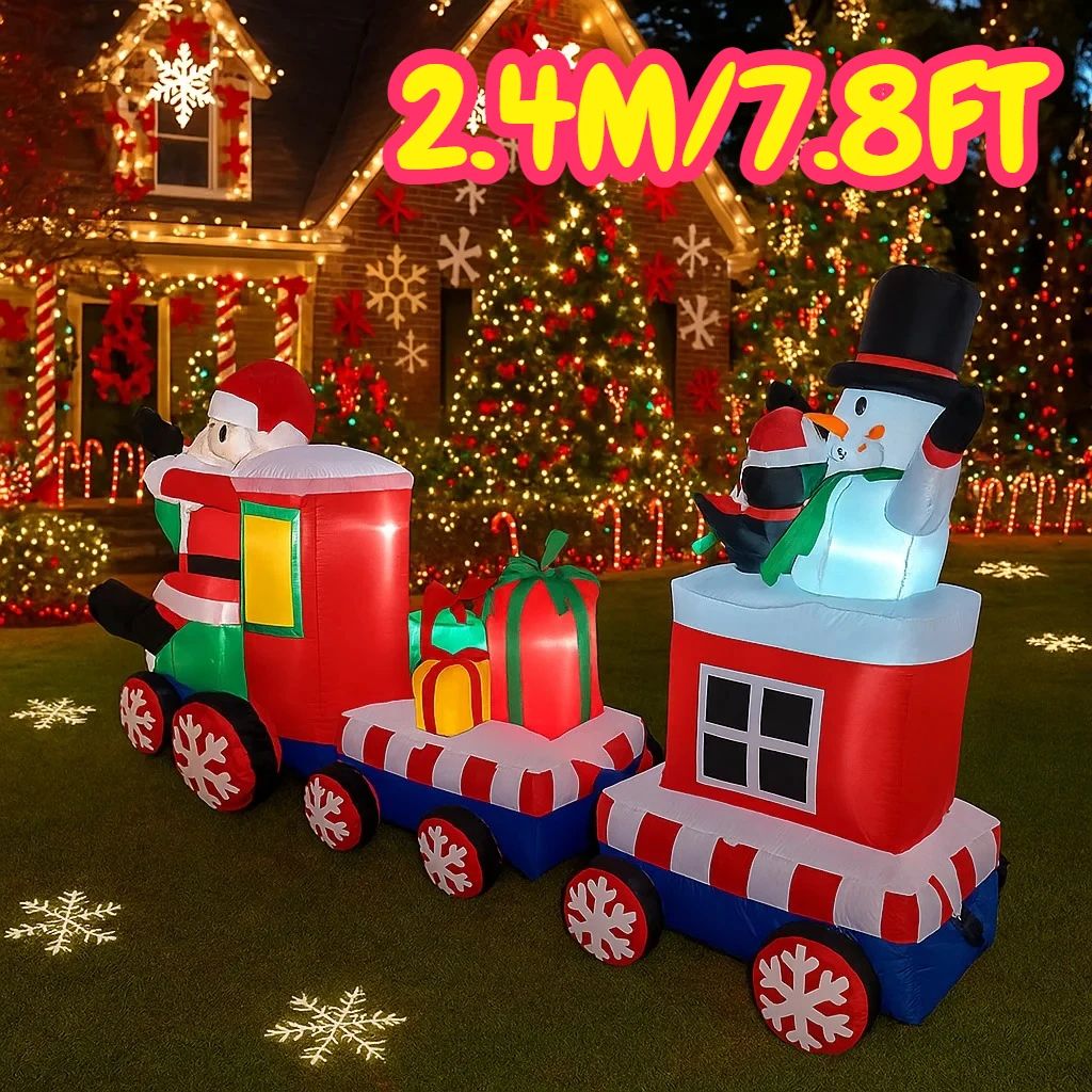 7.8FT Inflatable Santa Train Christmas Yard Decoration with LED Lights