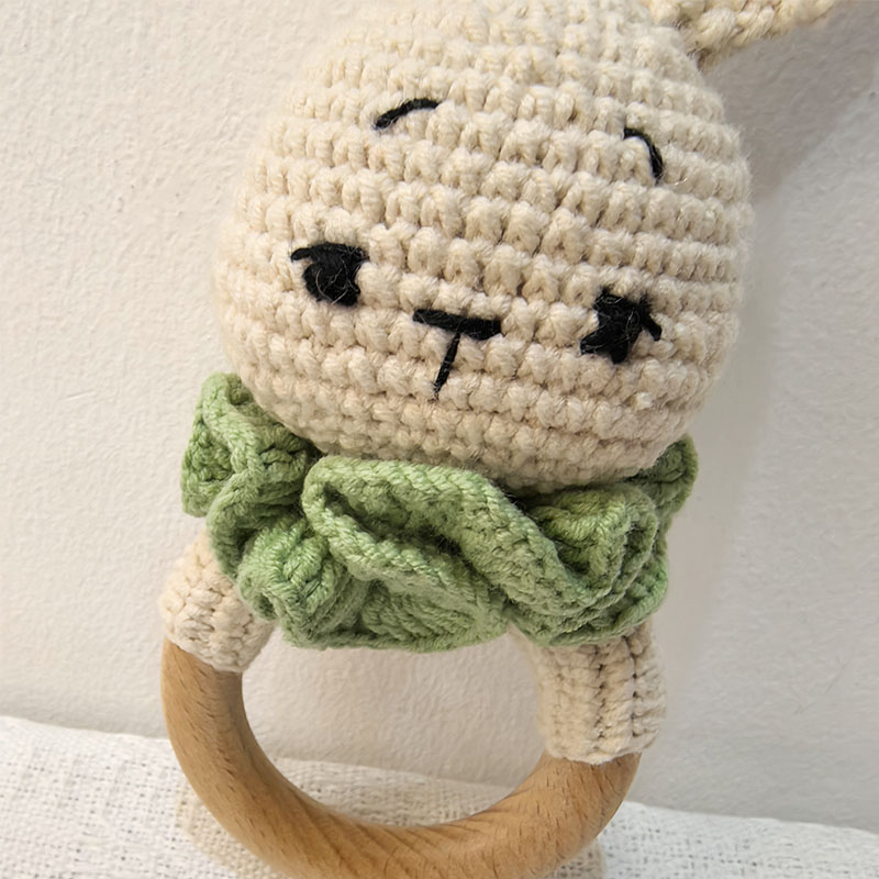 Long Ear Bunny Baby Rattler Safety Wooden Teether Mobile Crib Bell Teething Toy