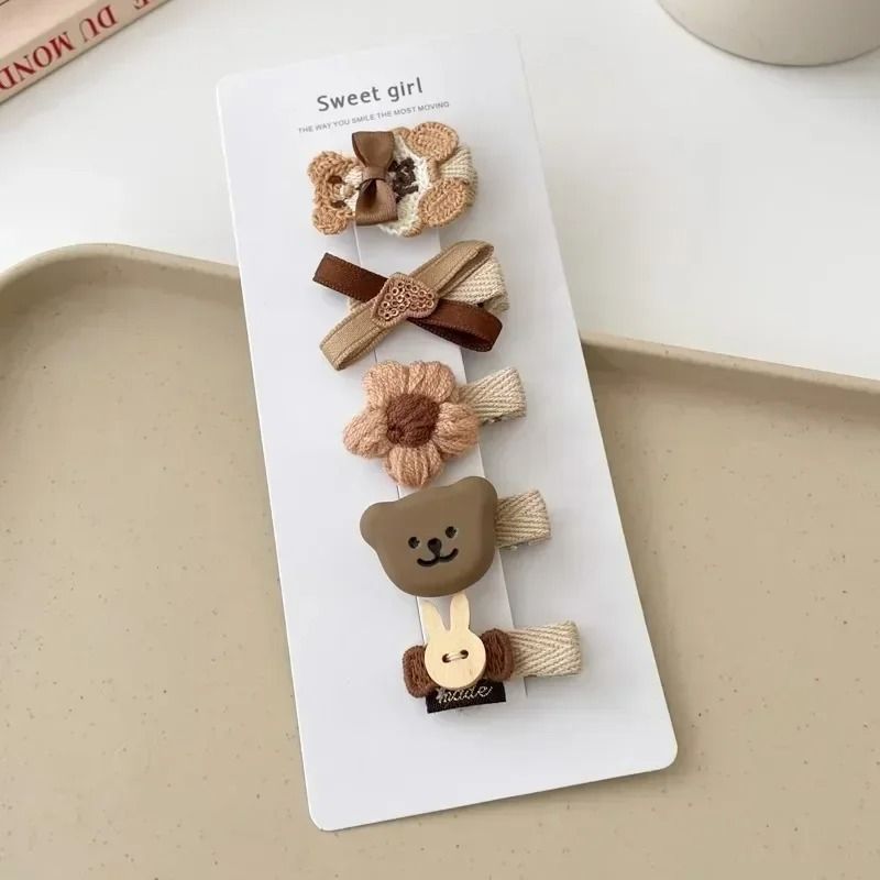 Sweet Kids Plush Hair Clip Set – Kawaii Autumn/Winter Beige & Coffee Bowknot Headwear (5pcs)