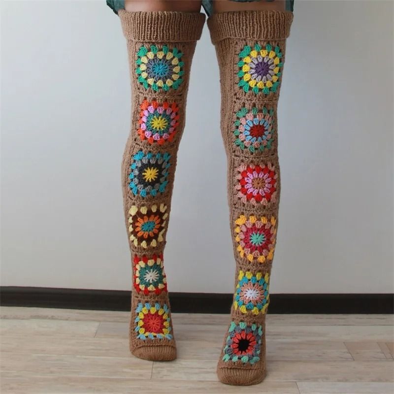 Autumn Winter Extra Long Crochet Knit Thigh High Socks for Women Over Knee Ethnic Style Stockings