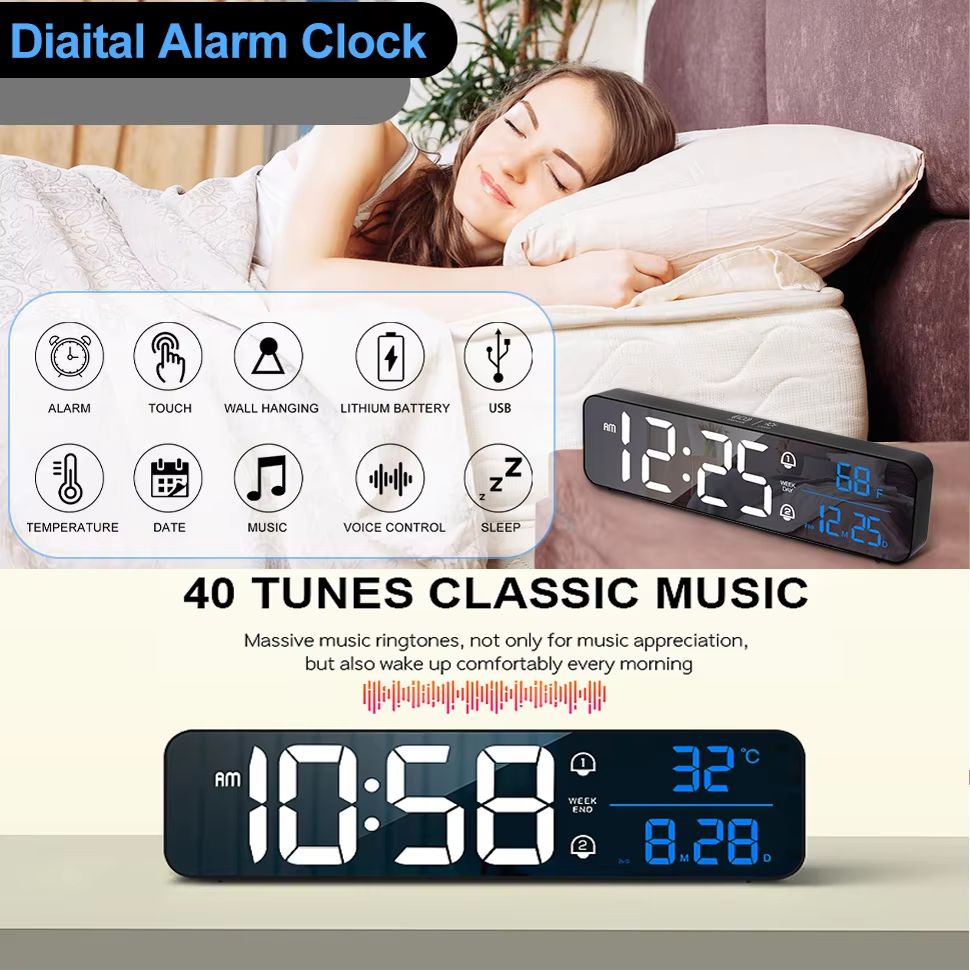 LED Digital Alarm Clock Wall or Table Clock with Temperature, Snooze, Date, Weekday and Dual Alarms with 40 Ringtones