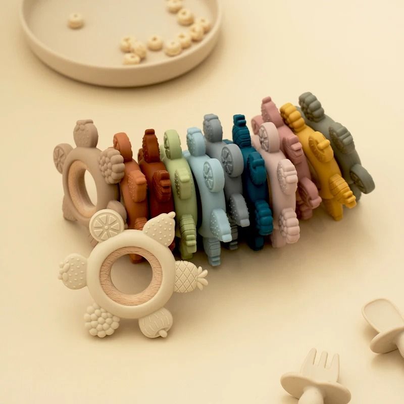 Fruit-Theme Silicone & Wooden Baby Teether – BPA-Free Infant Chewing Toy