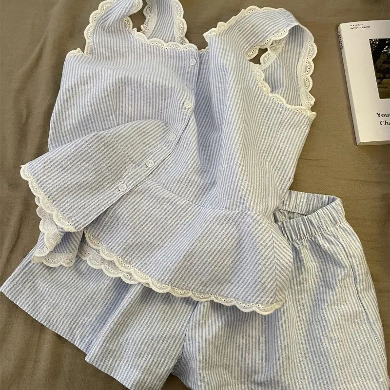 Luxury Striped Womens Summer Pajama Set – Sleeveless Lace Tank & Shorts Womens Summer Pajamas