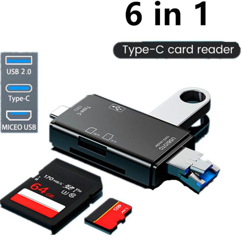 6 in 1 OTG Type C Card Reader USB 2.0, TF Micro SD Flash Drive Adapter, Smart Memory Storage for Mobile Accessories