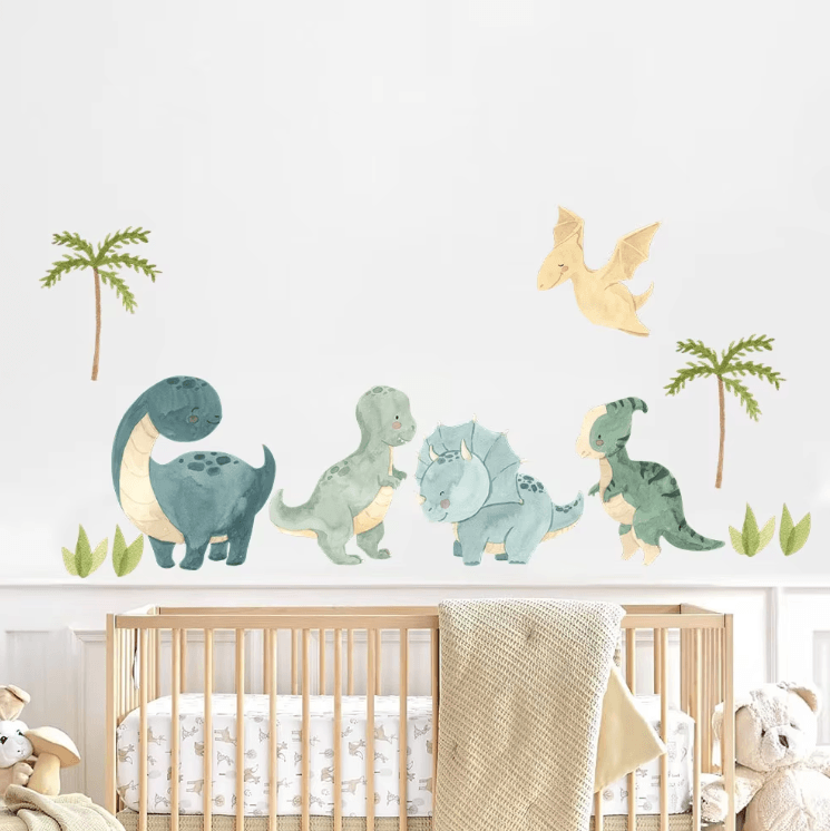 Watercolor Dinosaur Wall Stickers – Jungle Adventure Nursery & Kids Room Decor