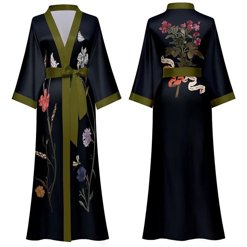 Black Floral Print Long Robe Set – Professional Rayon Kimono & Sexy Summer Nightgown Loungewear