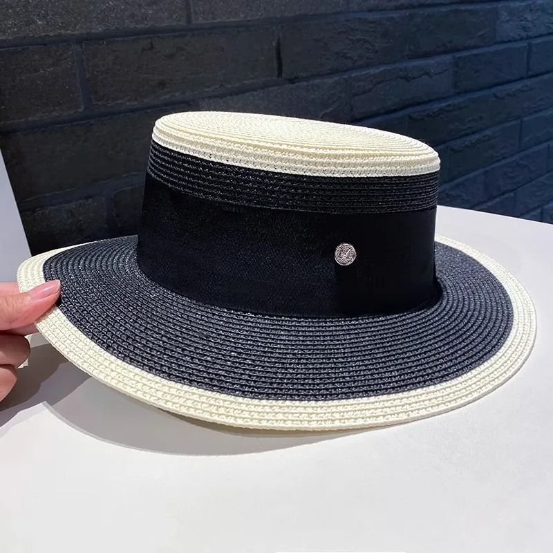 Hepburn Style Womens Flat Top Straw Hat Elegant Black White Fashion Sun Hat