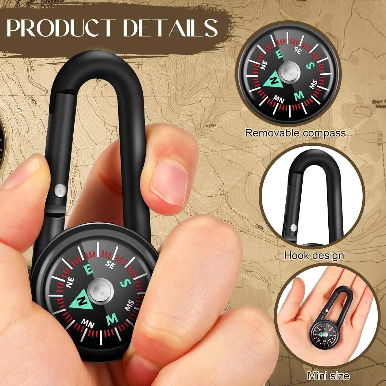 3 in 1 Mini Compass Thermometer Carabiner Keychain