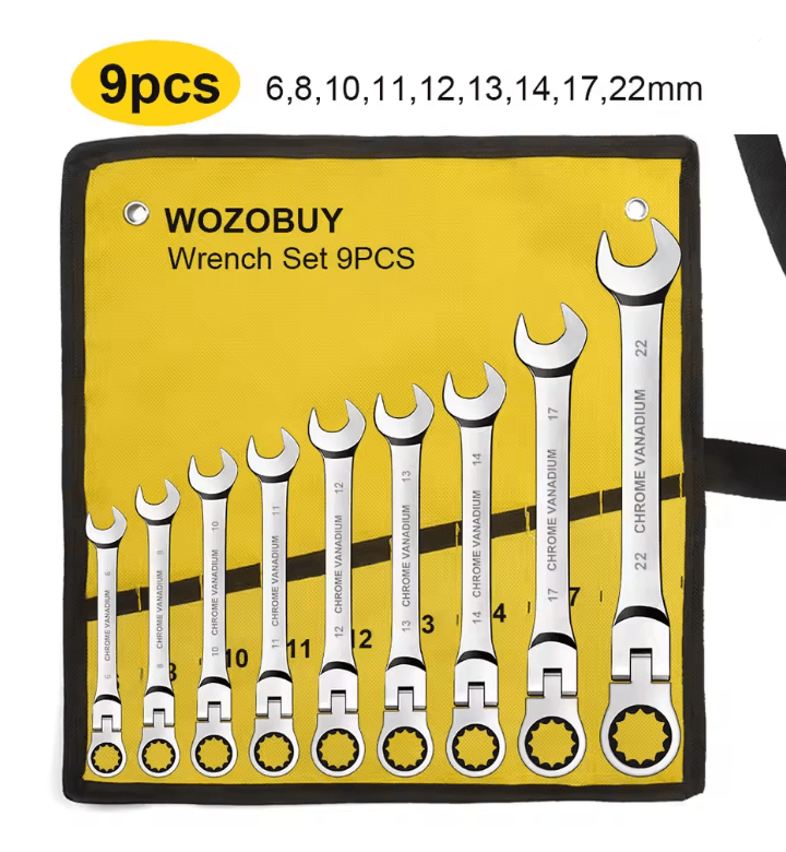 Metric Ratcheting Combination Wrench Set with Flex Head and Carrying Bag