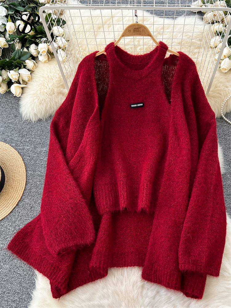 Warm Loose Cardigan, Solid Cashmere Sweater Long Sleeves, Sleeveless Knitting Tank Top Winter Casual Tops