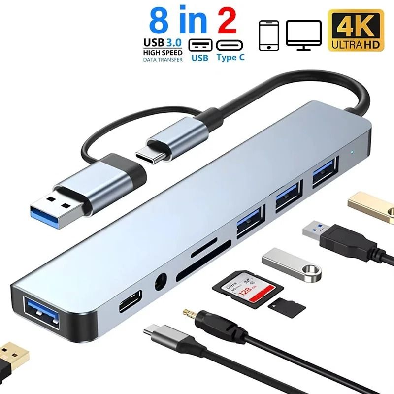 8-in-2 USB 3.0 & USB-C Docking Station – Aluminum Multiport Adapter with SD/TF Card Reader for Laptops & PC