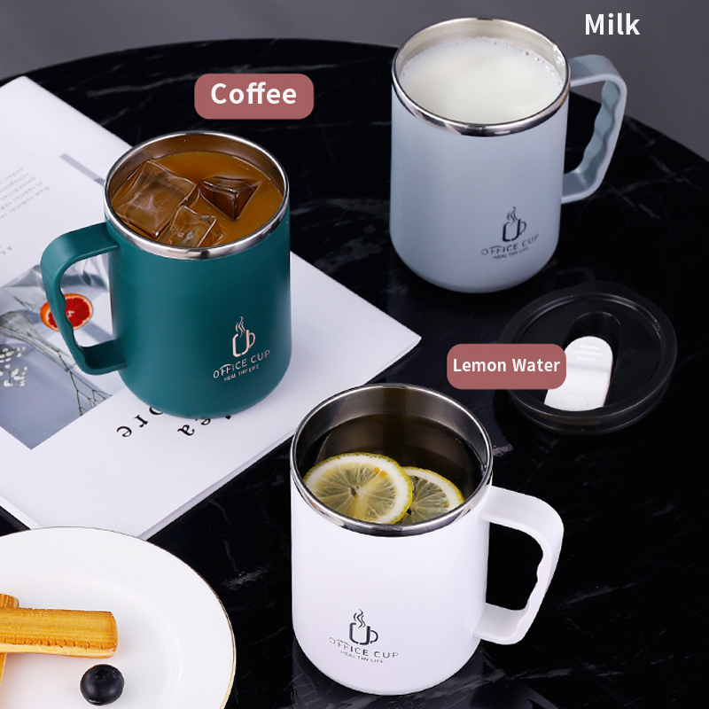 Stainless Steel Coffee Mug, Double Layers Water Bottle, Milk Cup With Handle, Plastic Lid