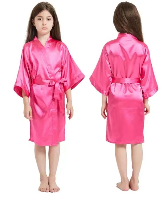 Girls Pink Satin Silk Kimono Robe Kids Short Sleeve Bathrobe Summer Sleepwear Party Dress