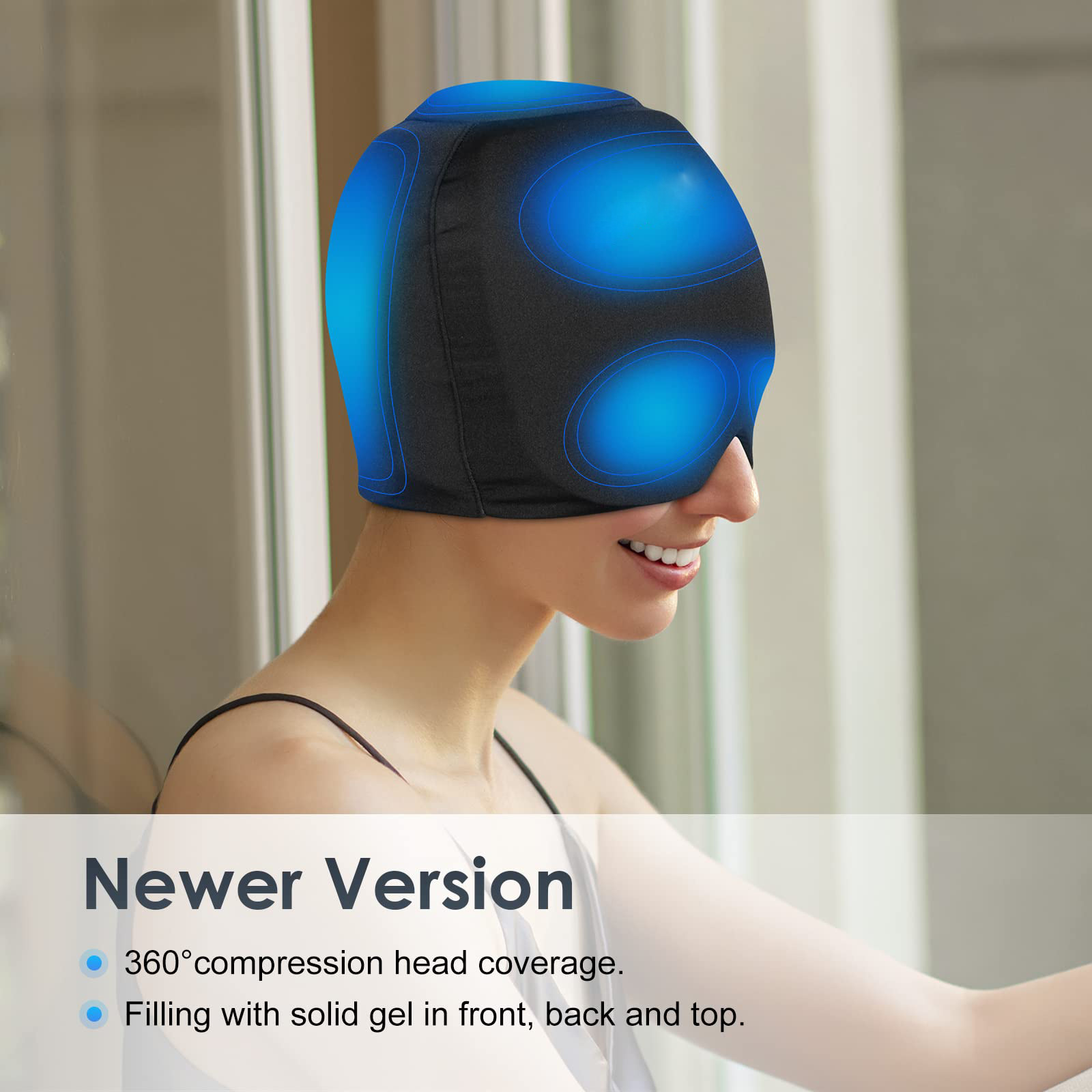 Migraine Headache Ice Cap Wrap with Light Blocking, Hot Cold Gel Hat Gel Ice Pack, Extra Top Gel Comfort