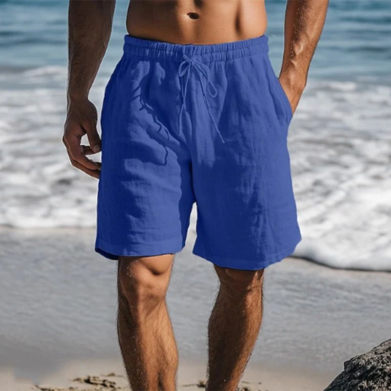 Vintage Linen Shorts for Men Solid Color Casual Beach Shorts with Drawstring & Lace-Up Desig