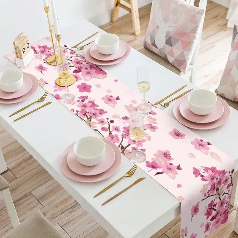 Spring Cherry Blossom Linen Table Runner | Summer Farmhouse Decor for Wedding, Banquet & Kitchen Dining