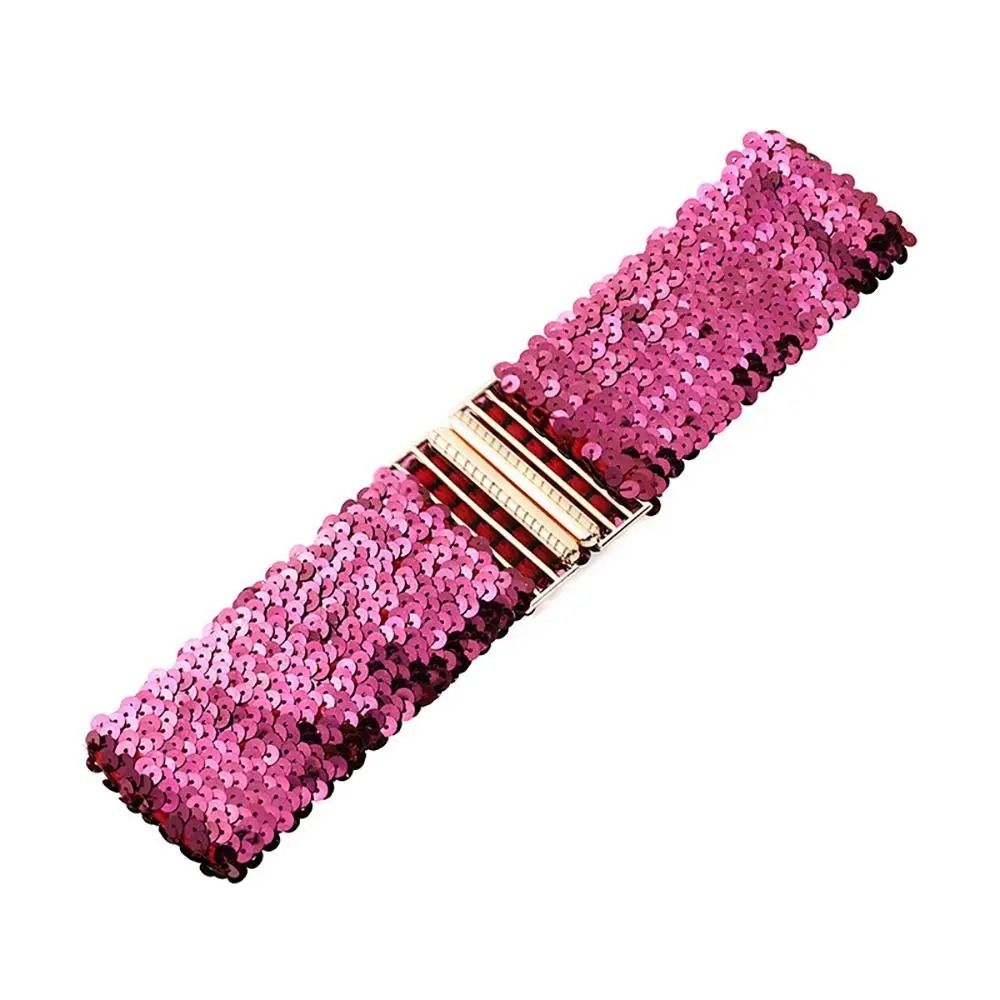 GlamCurve Wide Sequin Elastic Waist Belt with Gold Buckle