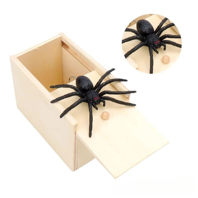 Wooden Spider Scare Prank Box – Hidden Jump Trick Gift, Funny Halloween Horror Party Gag Toy for Kids & Adults