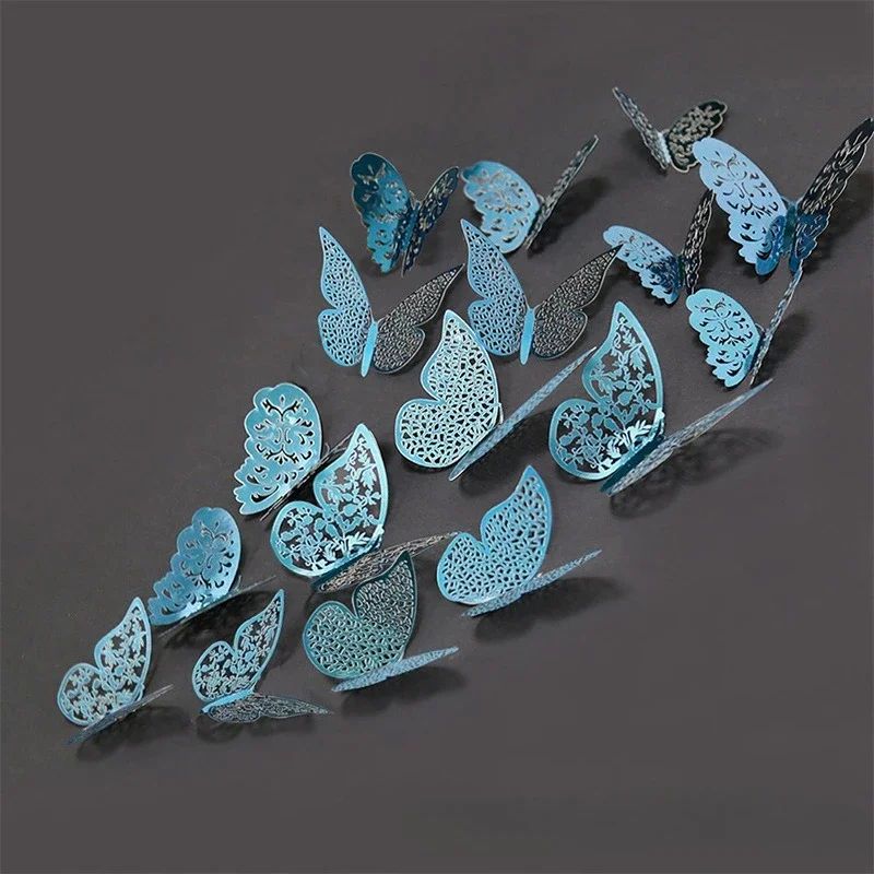 3D Mirror Butterfly Wall Stickers – Hollow Gold, Silver & Blue DIY Room Decor