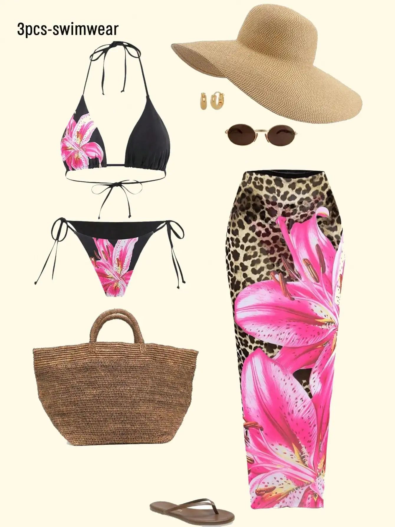 Leopard Print Lace Up Three Piece Bikini Set