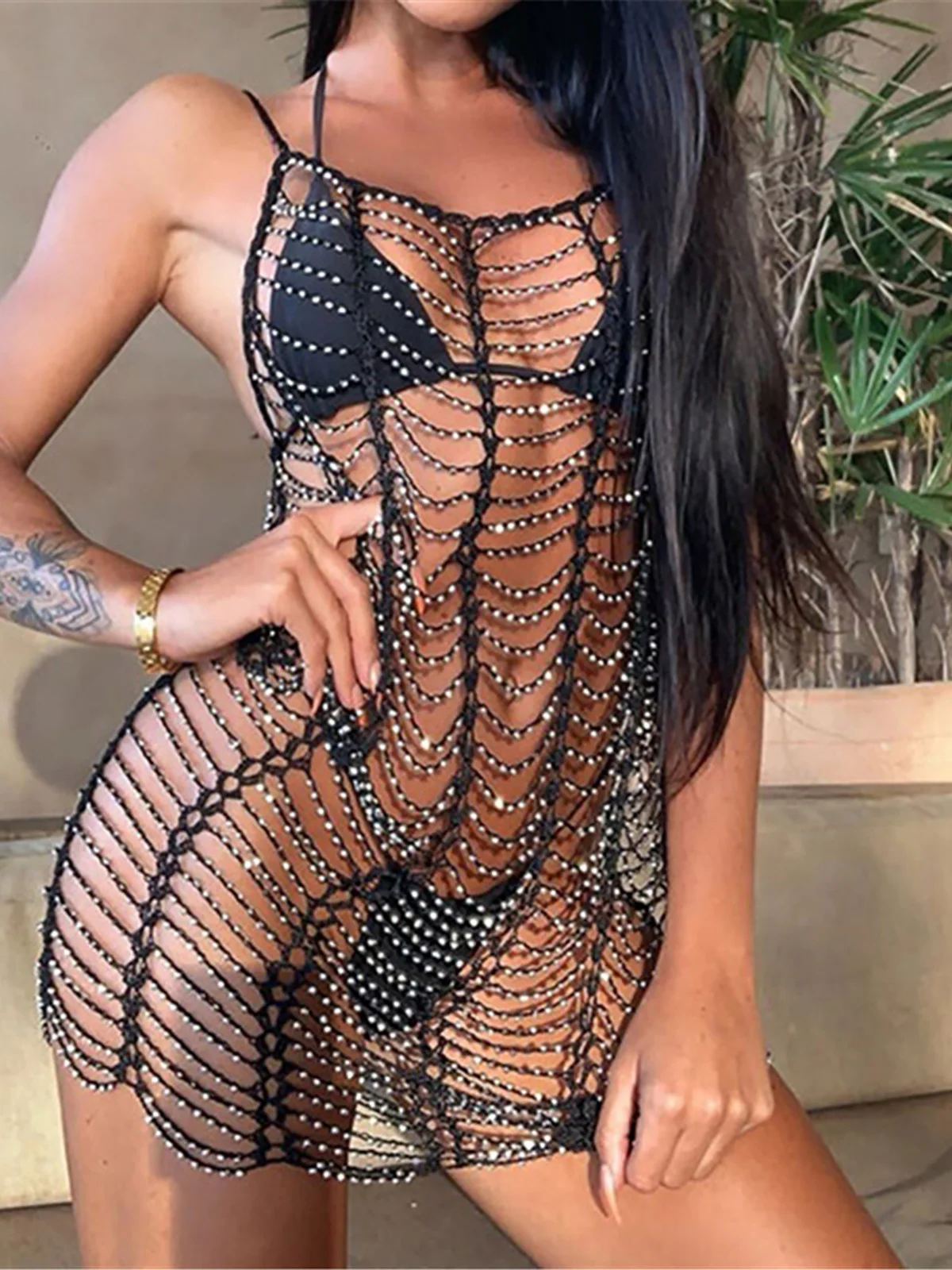 Diamond Rhinestones Hollow Out Tunic, Luxury Beach Dress, Cover-ups, Beach Wear, Female Summer Outfit