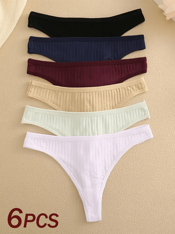 6 Pack Womens Cotton Thongs – Ribbed Low Rise G String Bikini Underwear Set