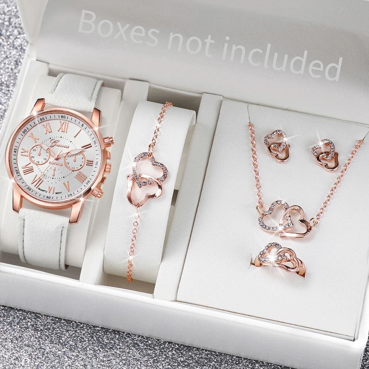 Women Luxury Watch and Jewelry Set Roma Dial Leather Band Quartz