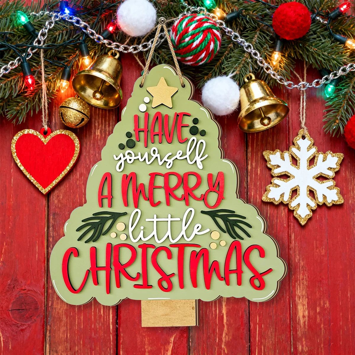Rustic Wooden Christmas Bell Tree Hanging Ornament