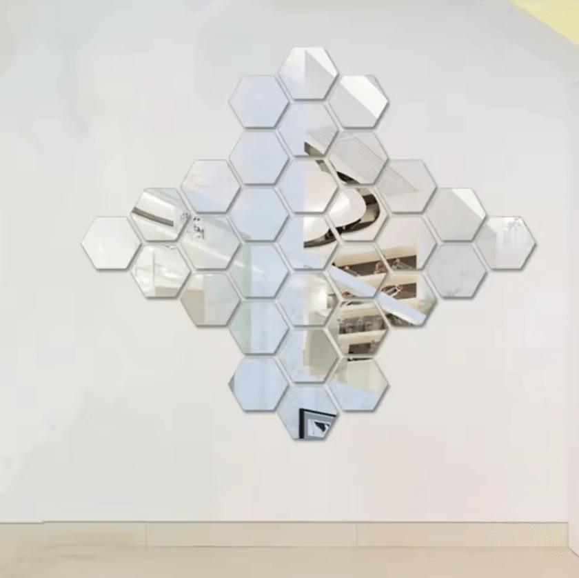 12PCS Hexagon Mirror Wall Stickers – Acrylic Self-Adhesive 3D Mosaic Decor Tiles