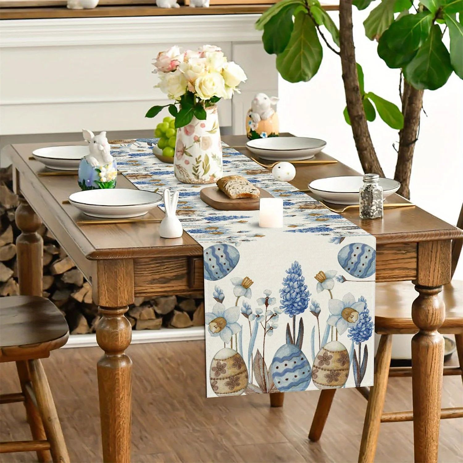 Easter Blue Eggs Floral Linen Table Runner