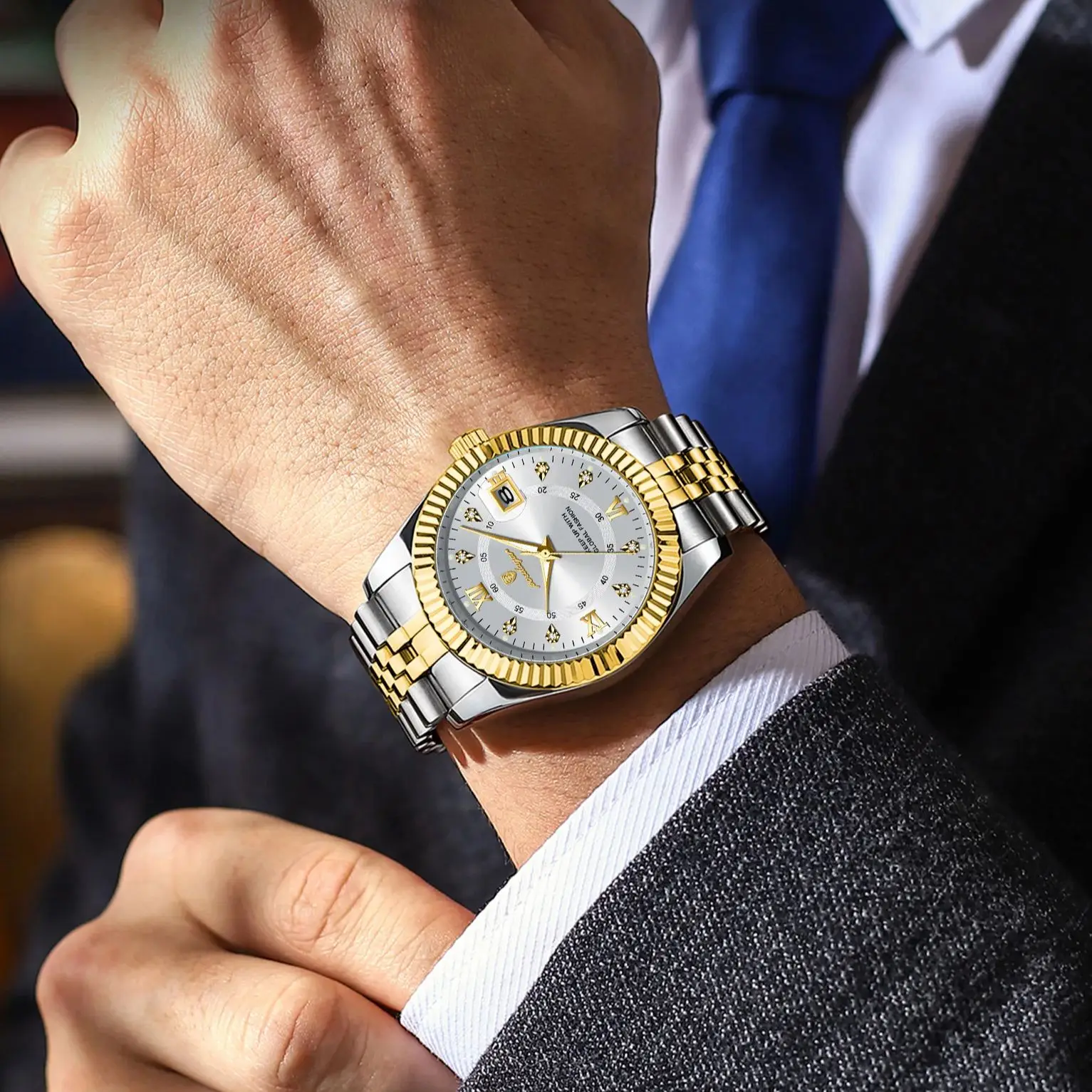 Waterproof Luxury Men's Quartz Watch, Military Date Wristwatch, Stainless Steel Fashion Watch