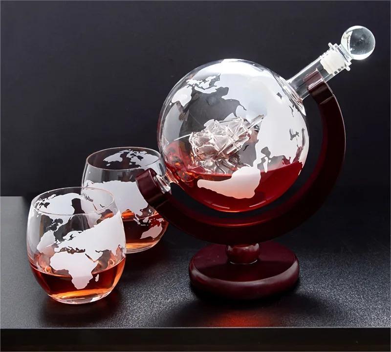Globe Whiskey Decanter with Wooden Stand 900ml with Optional Glasses