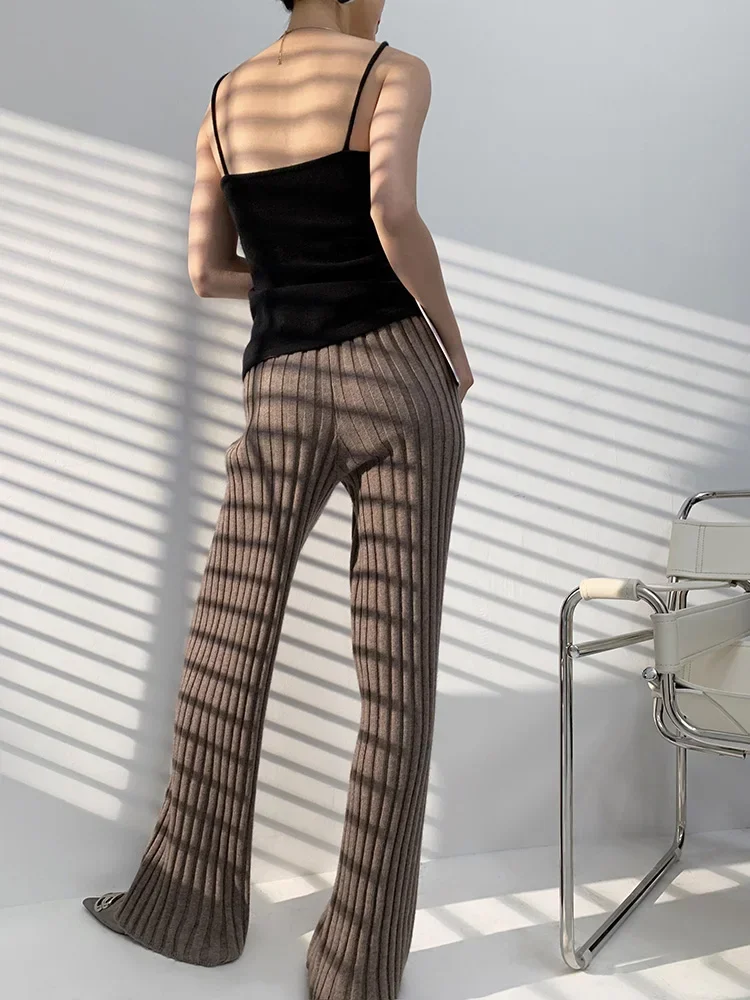 Women Autumn Winter Thick Knitted Pant, Wide Leg Fashion Straight Trousers, Casual Elastic Knit Pants Striped Pantalon